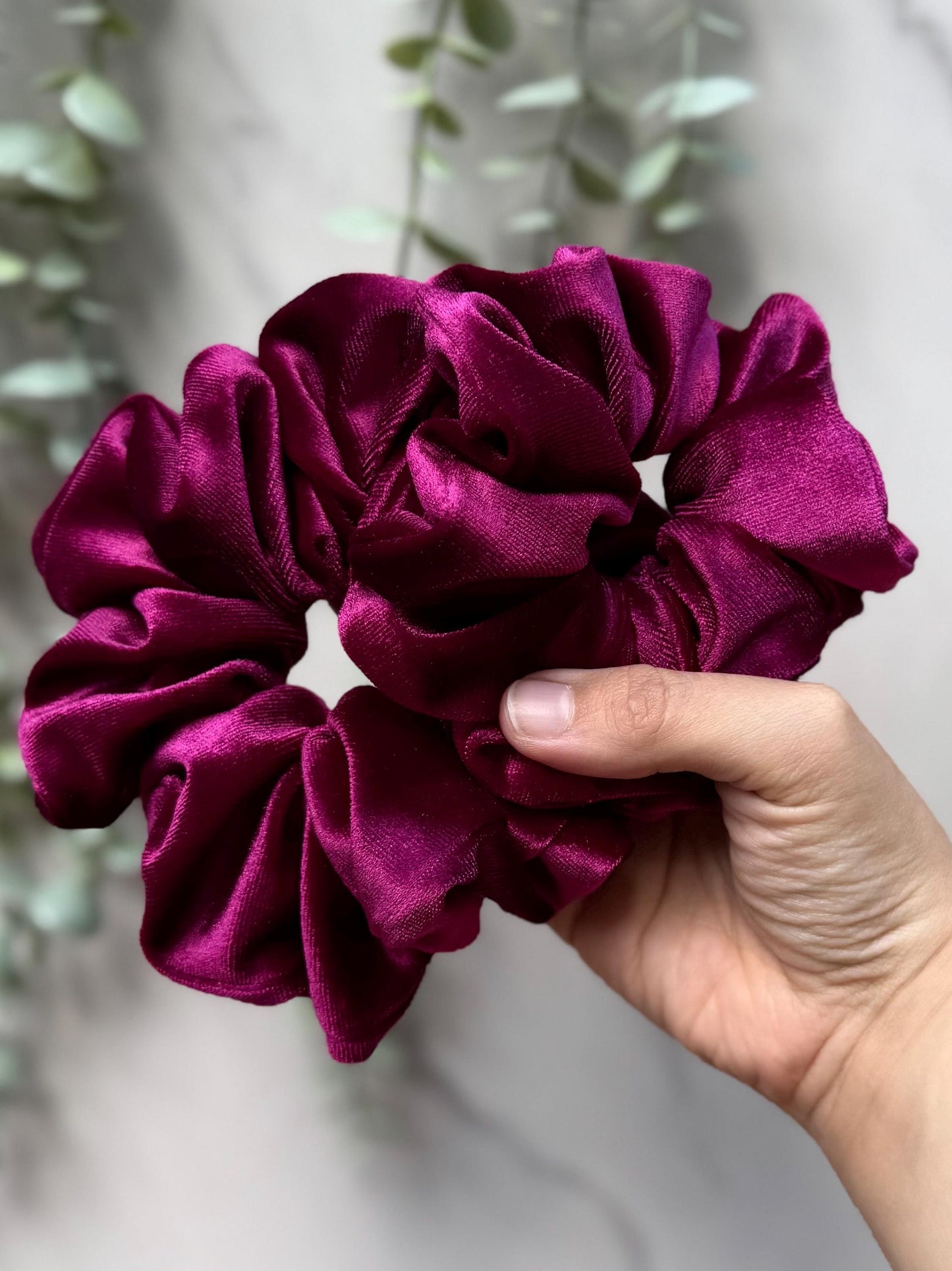 Fuchsia Velvet Scrunchie: Handmade Hair Tie for Thick Hair