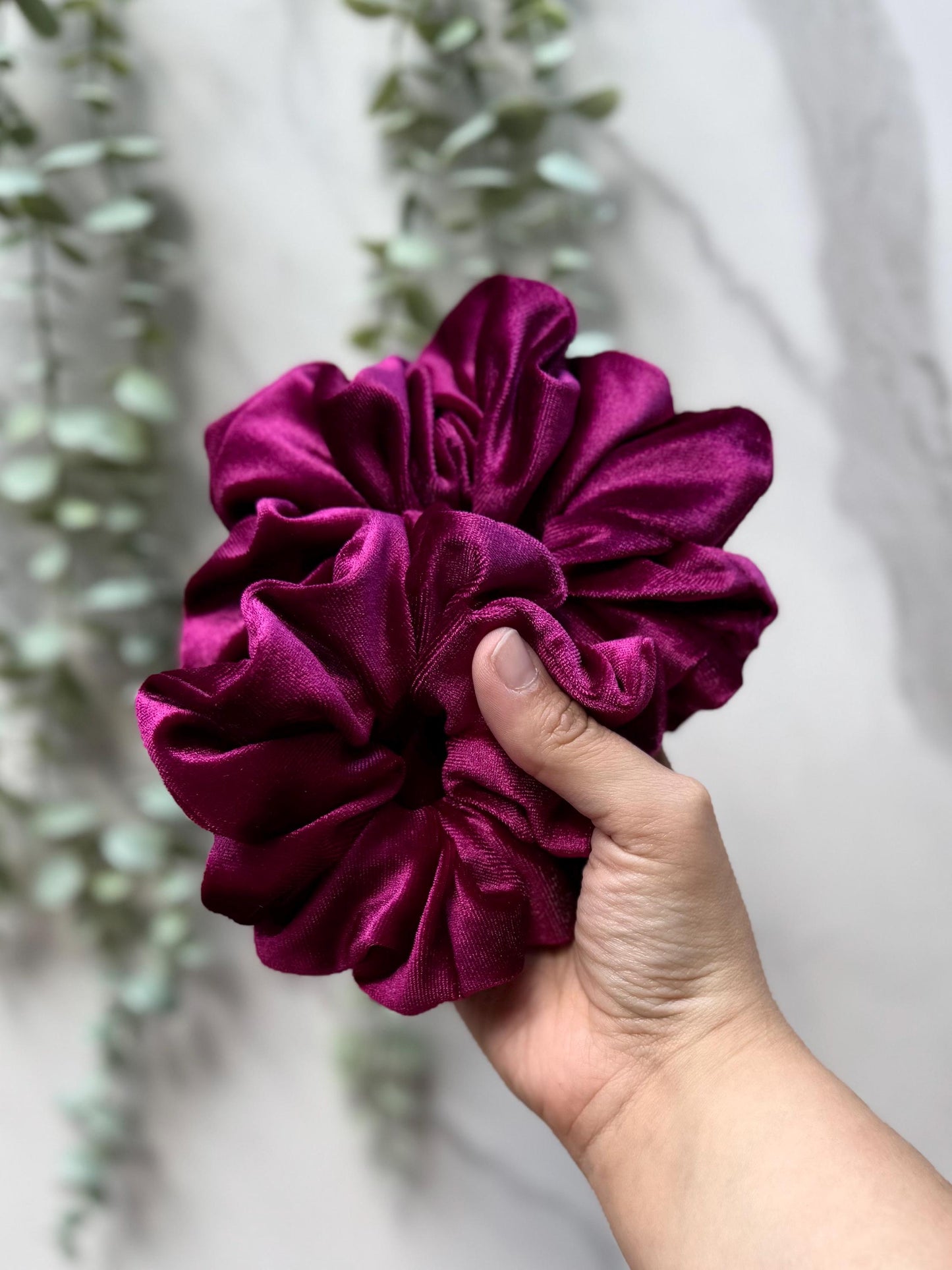 Fuchsia Velvet Scrunchie: Handmade Hair Tie for Thick Hair
