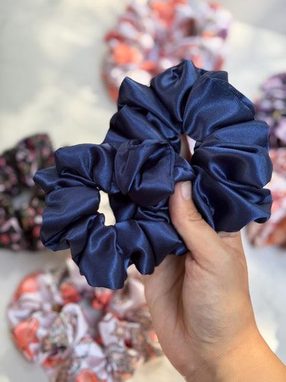 Navy Blue Silk Satin Scrunchie: Handmade Hair Accessory